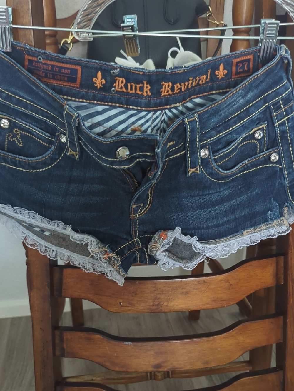 Rock Revival Custom Cutoff Jean Shorts with Navy and Orange Accents